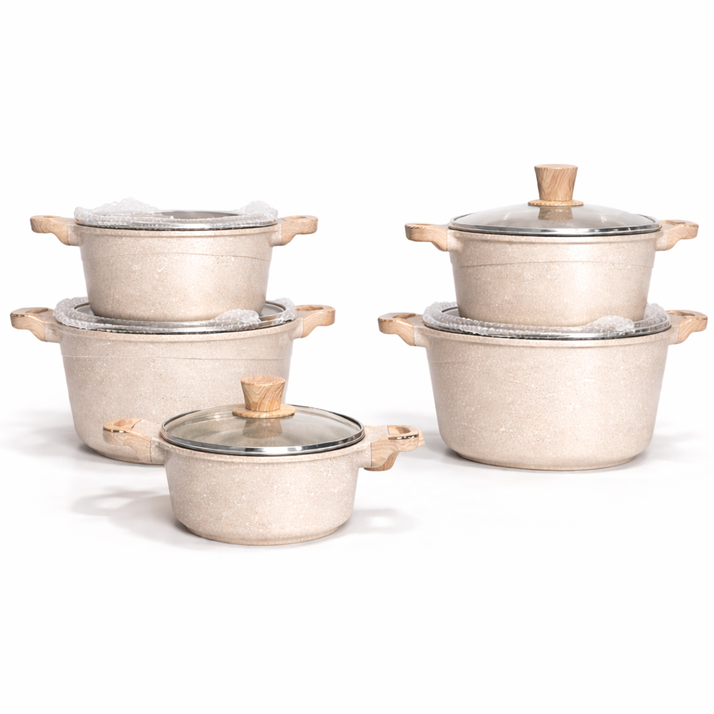 GRANITE NONSTICK COOKWARE POT SET WITH WOOD HANDLES