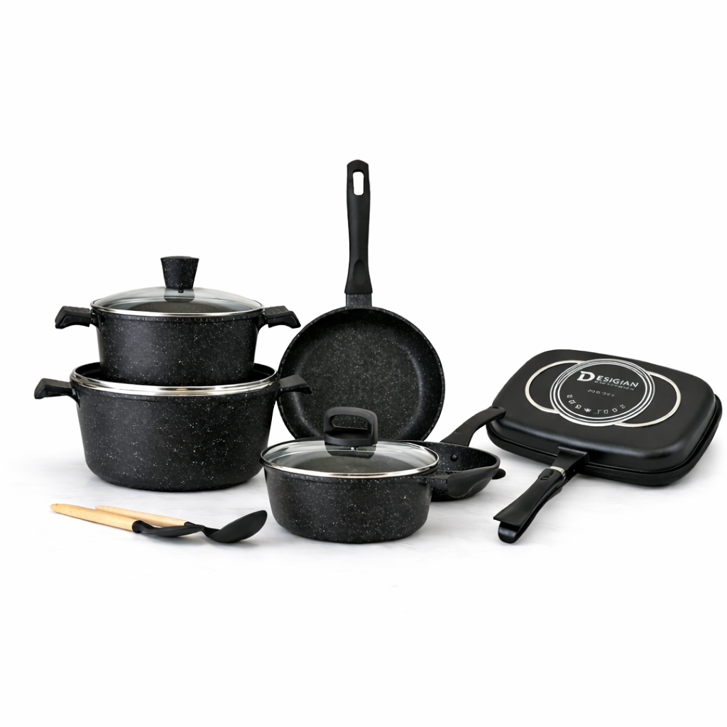 DESIGNAN BLACK NONSTICK COOKWARE SET WITH DOUBLE PAN