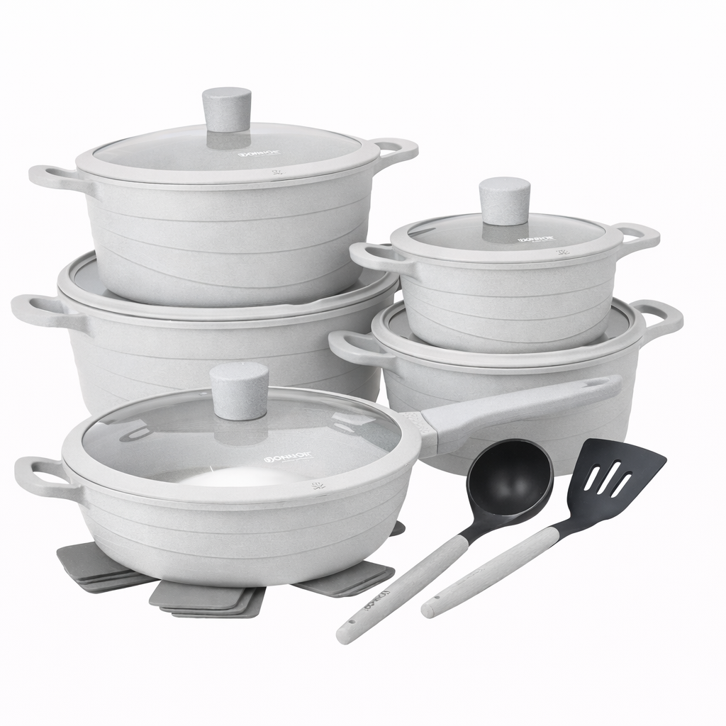 CREAM NONSTICK COOKWARE SET WITH UTENSILS