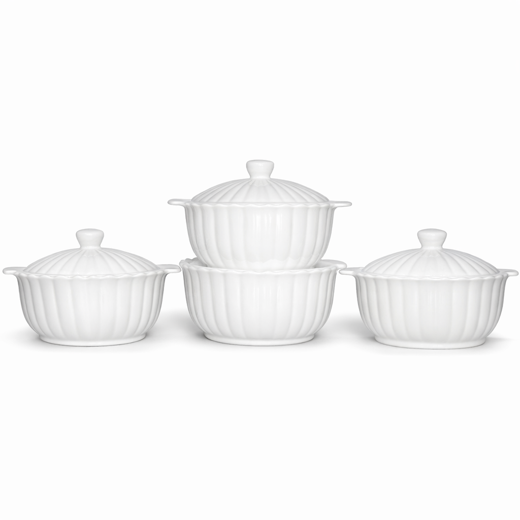 WHITE CERAMIC SOUP BOWL SET OF 4 WITH LIDS