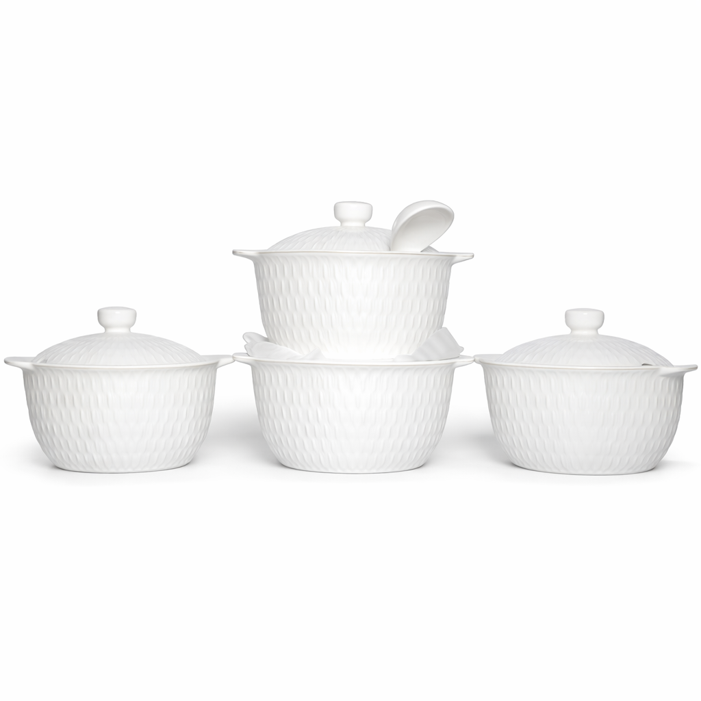 WHITE TEXTURED CERAMIC SOUP BOWL SET OF 4 WITH LIDS AND BIG CERAMIC SPOONS