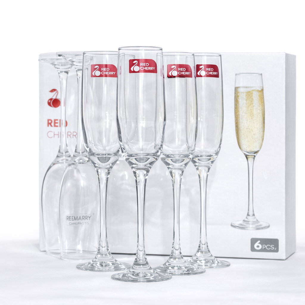 6PCS RED CHERRY CLEAR CHAMPAGNE FLUTE GLASS SET