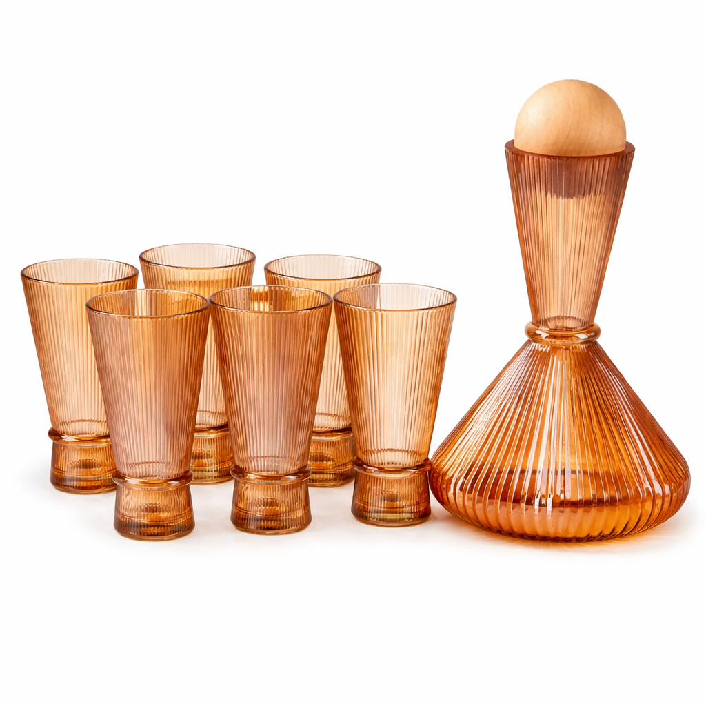 7PCS AMBER GLASS DECANTER & SHOT GLASS SET