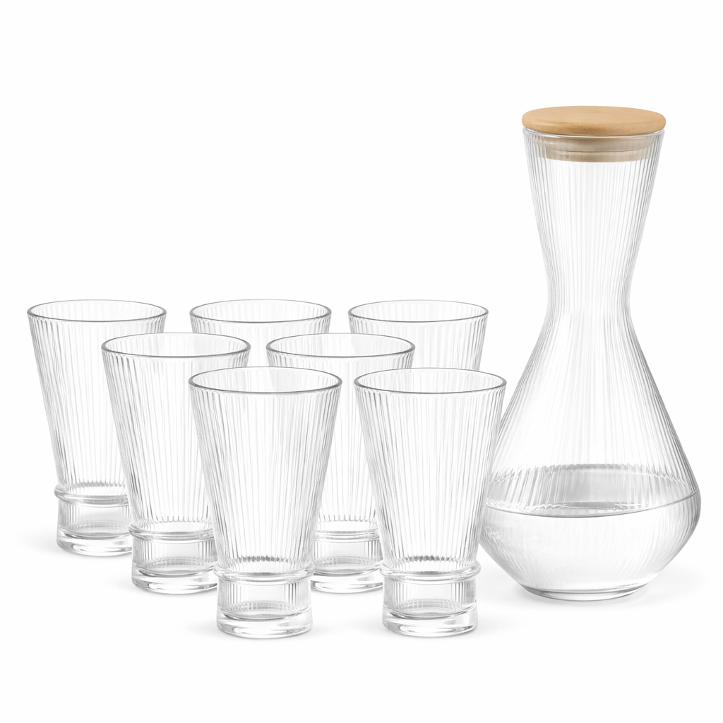 7PCS CLEAR RIBBED GLASS CARAFE & DRINKING SET