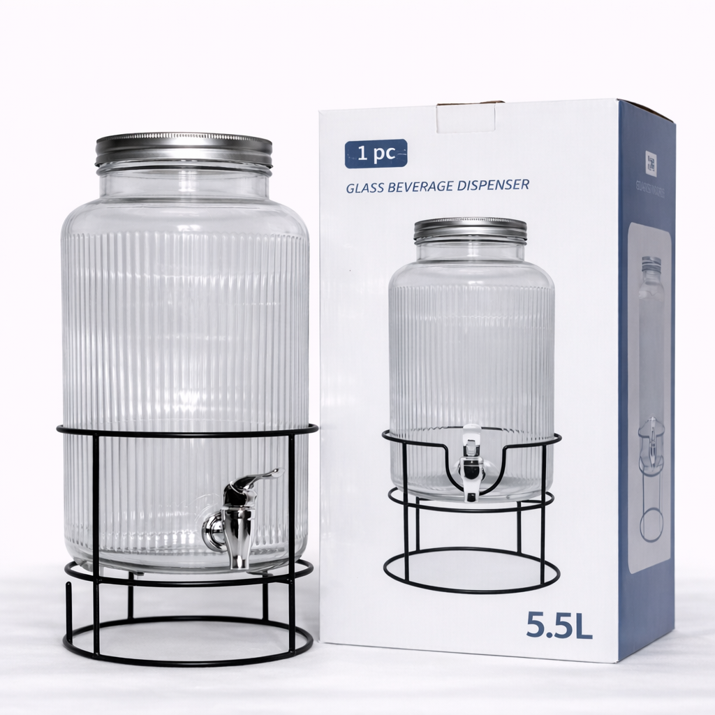 5.5L RIBBED GLASS BEVERAGE DISPENSER WITH STAND & TAP