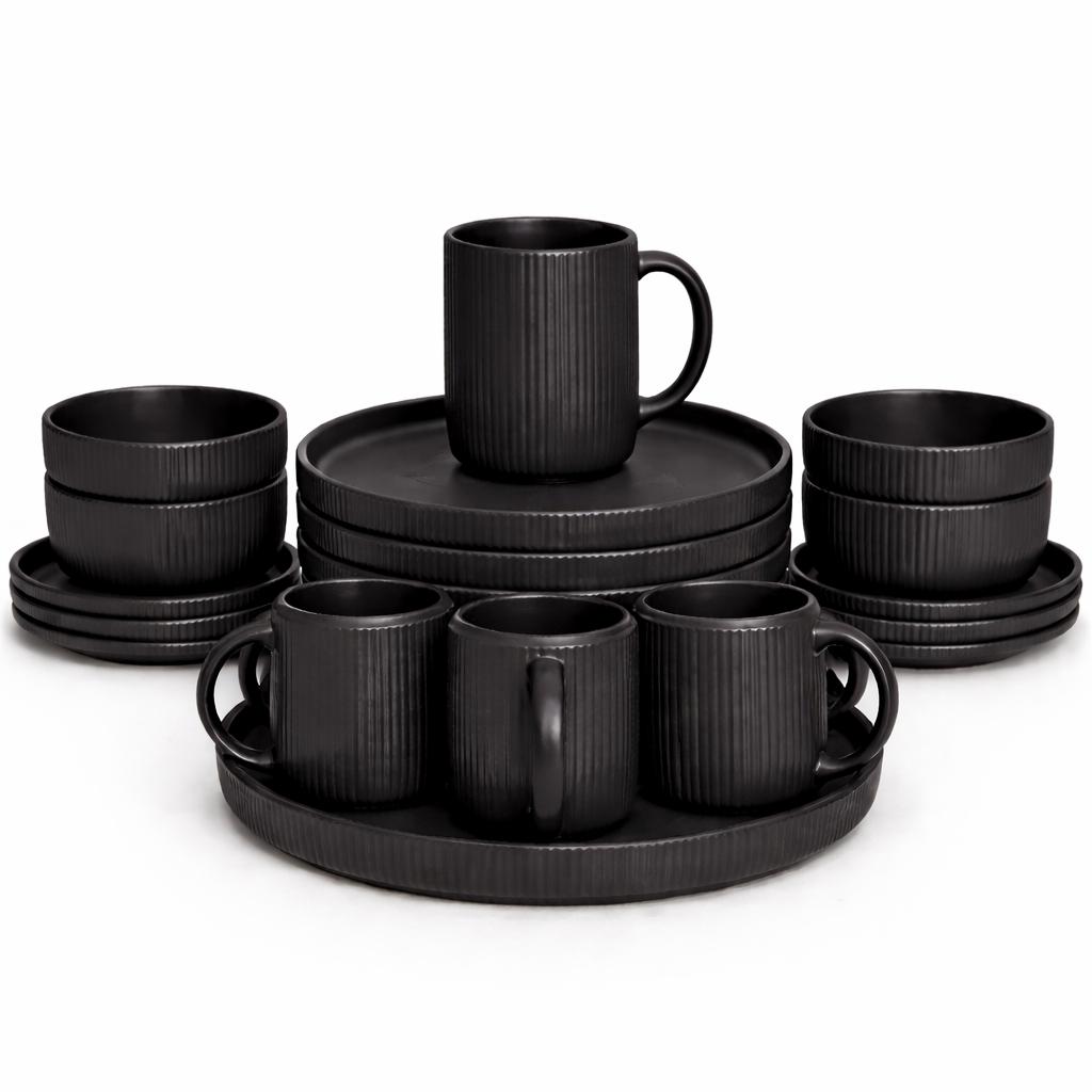 24 PCS MODERN BLACK RIBBED CERAMIC DINNERWARE & MUG SET