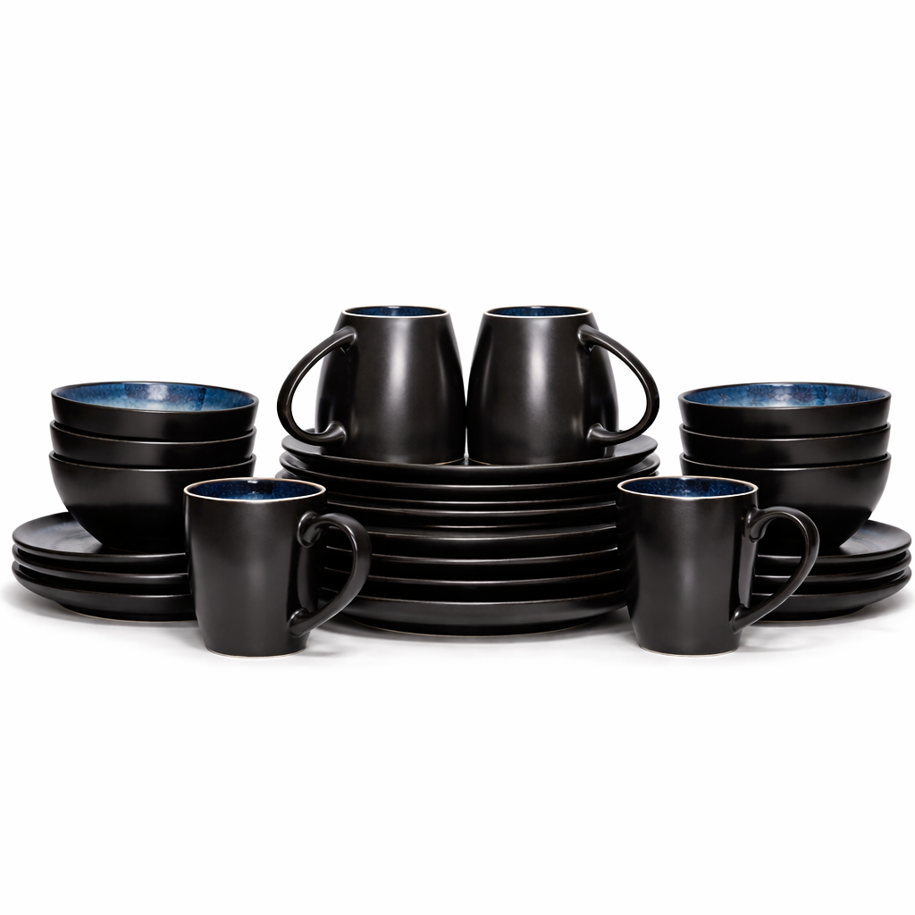 MATTE BLACK CERAMIC DINNER SET WITH BLUE INTERIOR (24PCS)