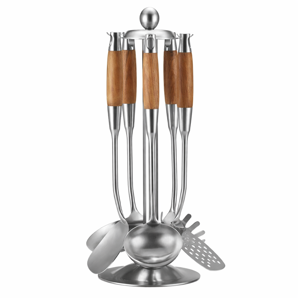 STAINLESS STEEL KITCHEN UTENSIL SET WITH WOODEN HANDLES & STAND