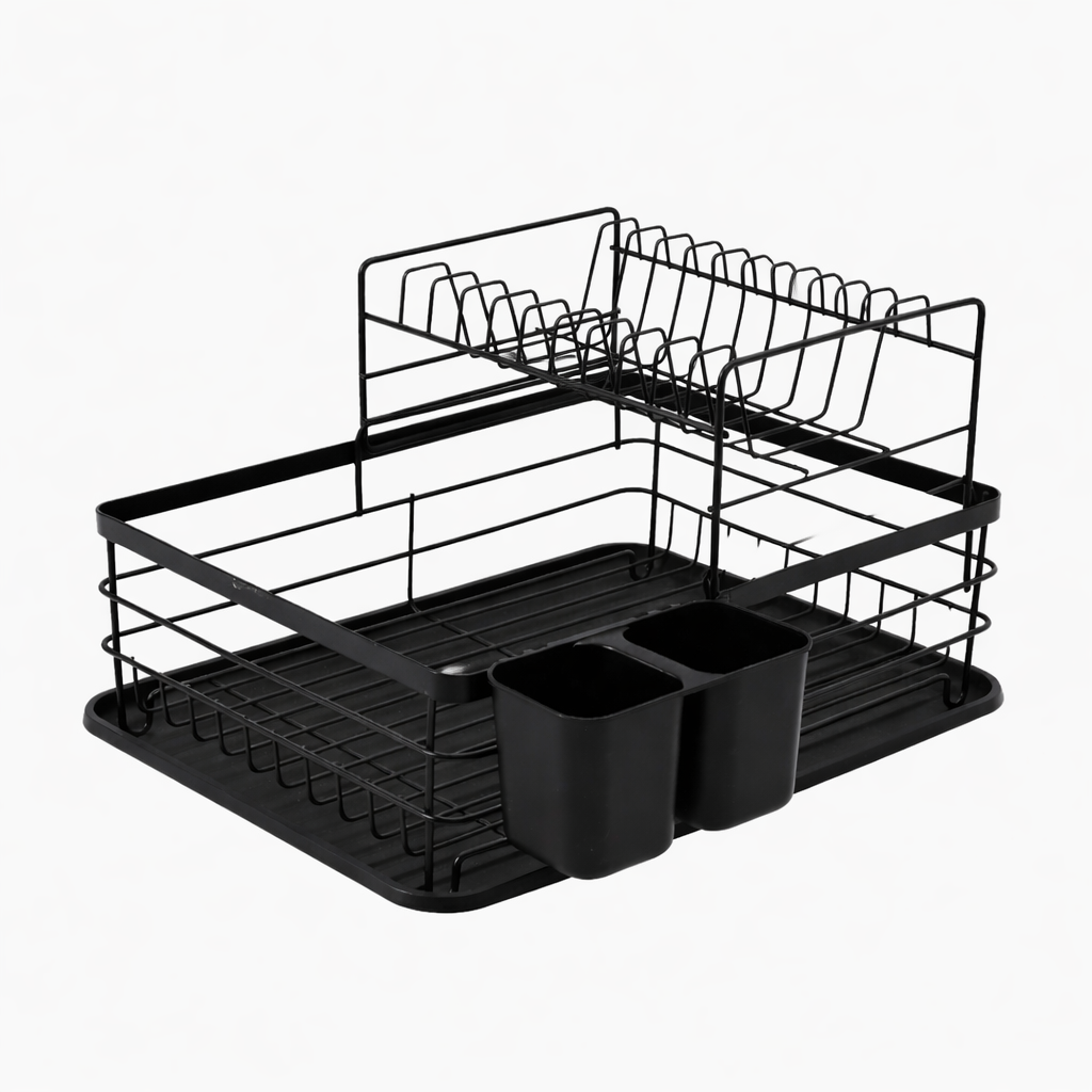 BLACK METAL DISH DRYING RACK WITH UTENSIL HOLDER